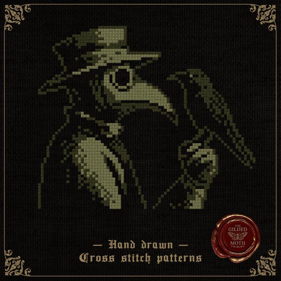 Plague Doctor With Crow | Gothic Raven Cross Stitch Pattern | Dark Medieval Embroidery PDF