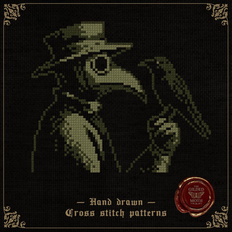 May include: Cross-stitch pattern depicting a plague doctor holding a crow, in green and black. The design includes a hat, mask, and coat. Text reads "Hand drawn Cross stitch patterns".