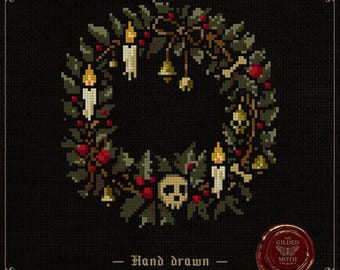 May include: Cross-stitch pattern of a wreath with candles, berries, and a skull. The wreath is surrounded by green leaves and red berries, with small gold bells and bone accents. The text reads "Hand drawn Cross stitch patterns".