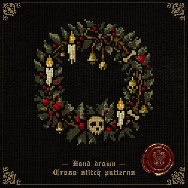 Christmas Wreath | Gothic Holiday Cross Stitch Pattern | Dark Skulls Candles Embroidery PDF
