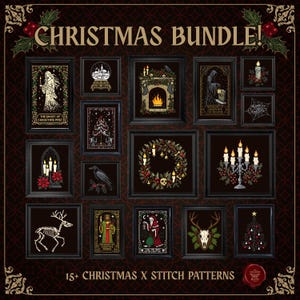 Peut inclure: Ensemble de motifs de point de croix encadrés sur le thème gothique de Noël. Les images incluent un fantôme, une boule à neige, une cheminée, une faucheuse, des bougies, une toile d'araignée, un sapin de Noël, un corbeau, une couronne, un chandelier, un squelette de cerf et le Père Noël.