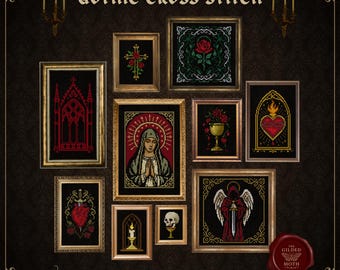 Gothic Cross Stitch Gallery Wall Bundle | religious Dark Academia Embroidery Patterns | Sacred Heart, Chalice, Gothic Window, Angel, Rose