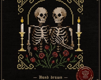 May include: Cross-stitch pattern featuring two skeletons embracing, surrounded by red roses and candles on a black background. The design includes the text "Hand drawn Cross stitch patterns" and a circular seal.