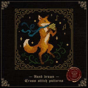 May include: Cross-stitch pattern featuring a fox playing a musical instrument, wearing a blue scarf, and holding a bunch of grapes. The design is set against a black background with decorative borders and text that reads "Hand drawn Cross stitch patterns."