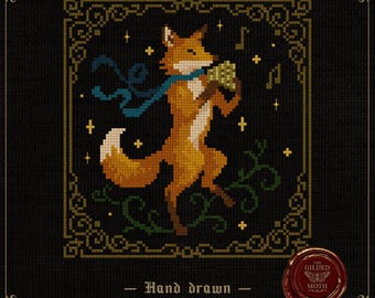 Fox Bard | Medieval Fox Cross Stitch Pattern | Gothic Cottagecore Flute Embroidery PDF