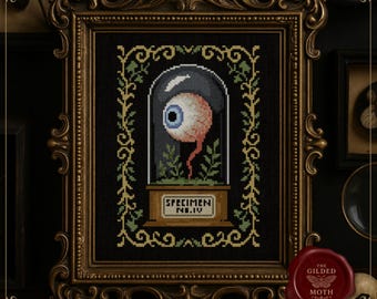 ゴシック眼球標本クロスステッチパターン • ダークアカデミアの珍品キャビネットPDF • ビクトリア朝の奇妙な刺繍 • ゴシック解剖学の装飾