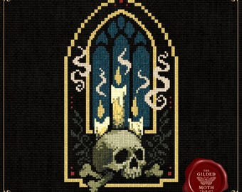 ゴシッククロスステッチパターンPDF | ダークアカデミアスカルキャンドル刺繍 | ビクトリア朝の大聖堂の窓のデザイン、印刷可能なステッチチャート
