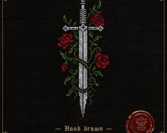 Blade of Roses | Gothic Sword & Roses Cross Stitch Pattern | Dark Medieval Floral Embroidery PDF