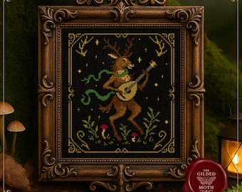 中世の吟遊詩人クロスステッチパターン • ゴシックファンタジーの鹿がリュートを演奏するPDF • ダークコテージコアタペストリー刺繍 • 黒のアイーダ装飾