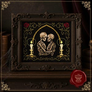 Gothic counted Cross Stitch Pattern: Macabre skeleton lovers Romance (PDF) printable Victorian gothic embroidery chart digital download
