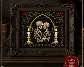 ゴシッククロスステッチパターン：不気味な骸骨の恋人たちロマンス（PDF）印刷可能なビクトリア朝ゴシック刺繍チャートデジタルダウンロード