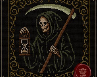 死神のクロスステッチパターン • ゴシックスケルトン刺繍PDF • デスサイズサンプラー • ダークアカデミアブラックアイーダ • 中世の不気味な装飾
