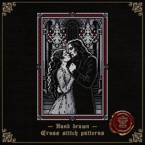 Op de afbeelding: Kruissteekpatroon met een grijswaardenafbeelding van een stel dat elkaar omhelst voor een gotisch raam. Het ontwerp bevat rode accenten en de tekst "Hand drawn Cross stitch patterns". Het logo van The Gilded Moth staat rechtsonder.