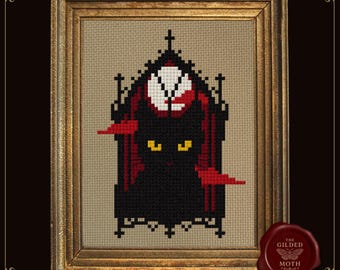ゴシック黒猫のクロスステッチパターン • オカルト祭壇猫PDF、魔女の赤いゴシック刺繍、ダークコテージコアニードルポイント • ブラックワーク