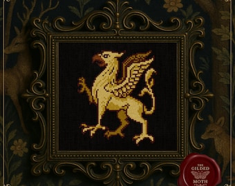 中世のグリフィンのクロスステッチパターン • ゴシックグリフォン刺繍 • 紋章ファンタジークリーチャーの刺繍 • 中世の紋章の壁アートパターン