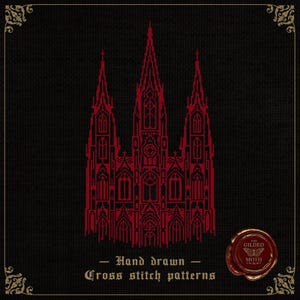 Könnte beinhalten: Kreuzstichmuster mit einem roten Kathedralen-Design auf schwarzem Hintergrund. Das Bild enthält den Text "Hand drawn - Cross stitch patterns" und ein rundes Logo mit dem Text "The Gilded Moth".