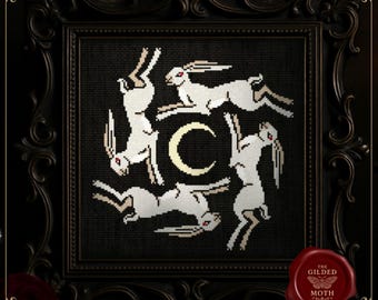 角のある月の野ウサギのクロスステッチパターン • ゴシック中世の野ウサギの円形PDF • フォークロアの月の刺繍 • ダークアカデミアの黒いアイーダ装飾