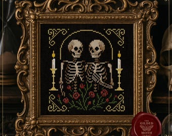 スケルトン・ラバーズ・クロスステッチ・パターン • ゴシックカップルPDF • ダークロマンス刺繍 • バラと不気味なスケルトン • 中世の黒いアイーダ