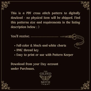 May include: A digital PDF cross stitch pattern advert on a dark background. The text details the pattern, what the buyer receives, and download instructions. A pair of scissors and a moth logo are also featured in the design.