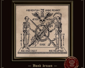 The moment upon which eternity hangs, cross stitch pattern | the memento Mori collection | gothic cross stitch patterns