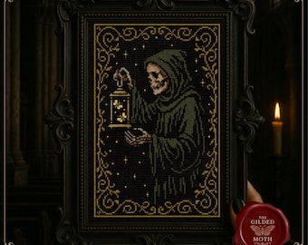 ランタン死神クロスステッチパターン • ゴシックスケルトン刺繍 • 針仕事 • ダークアカデミアブラックアイーダサンプラー • 中世の壁画