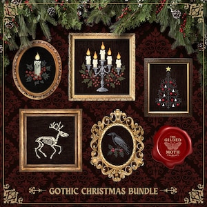 Gothic Weihnachten Kreuzstichmuster Sammlung | Dark Holiday Stickdatei PDF-Pack | Digitaler Download | Schwarze Aidakerze & Weihnachtsstern