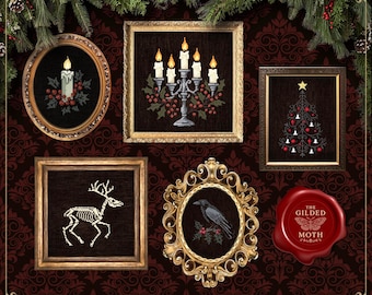 ゴシッククリスマス クロスステッチパターンバンドル | ダークホリデー刺繍 PDF パック | デジタルダウンロード | ブラックアイーダキャンドル＆ポインセチア
