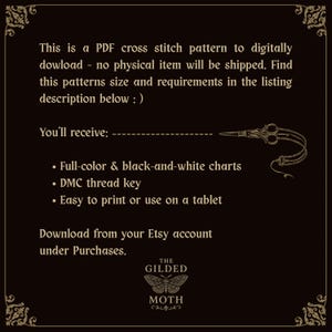 May include: A dark brown digital PDF cross stitch pattern announcement with text. The text includes details about the pattern, what the buyer will receive, and where to download it. A pair of scissors is also shown.