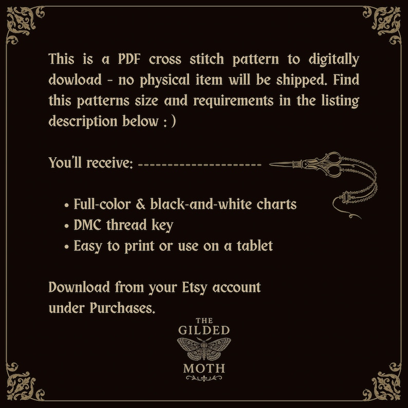 May include: A dark brown digital PDF cross stitch pattern announcement with text. The text includes details about the pattern, what the buyer will receive, and where to download it. A pair of scissors is also shown.