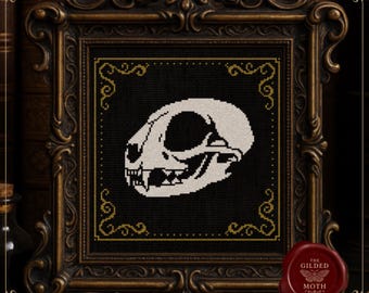 ゴシック猫の頭蓋骨のクロスステッチパターン • 中世の解剖学PDF • ダークアカデミア標本刺繍 • ブラックアイーダスカル装飾