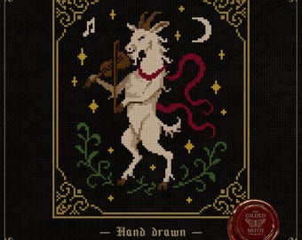 May include: Cross-stitch pattern featuring a white goat playing a violin, adorned with a red ribbon, stars, and a crescent moon. The design is set against a black background with decorative borders and the text "Hand drawn Cross stitch patterns".