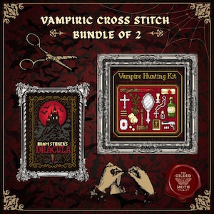 Vampire counted cross stitch bundle | gothic pattern pack | dark embroidery chart pdf printables | Dracula black Aida design | vintage image 1