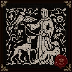 May include: Black and cream-colored cross-stitch design featuring a figure with a dog on a leash, surrounded by floral elements. The design includes a second dog and is framed with decorative borders. A red wax seal with the text "THE GILDED MOTH" is in the lower right corner.
