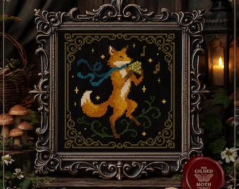 中世のキツネ吟遊詩人のクロスステッチパターン • ゴシックコテージコアのキツネがフルートを演奏するPDF • ファンタジータペストリー刺繍、ダークアカデミアの装飾