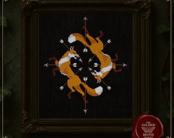 キツネ狩りのクロスステッチパターンPDF | 中世フォークアート風キツネデザイン | ゴシック動物クロスステッチ | モダンクロスステッチ