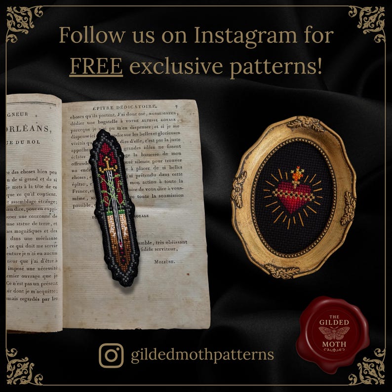 May include: An image featuring a beaded sword and a framed cross-stitch heart on a dark background. The text "Follow us on Instagram for FREE exclusive patterns!" is visible. The Instagram handle "gildedmothpatterns" is also shown.