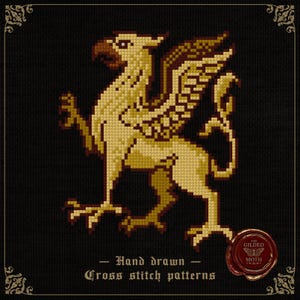 May include: Cross stitch pattern of a griffin in shades of gold and brown on a black background. The griffin is facing left with its wings spread. Text reads "Hand drawn cross stitch patterns". A red wax seal is in the bottom right corner.