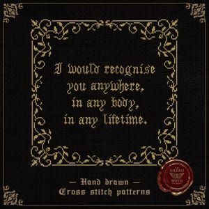 May include: A black cross-stitch design with gold lettering and a decorative gold border. The text reads, "I would recognise you anywhere, in any body, in any lifetime." The bottom of the image says "Hand drawn - Cross stitch patterns."