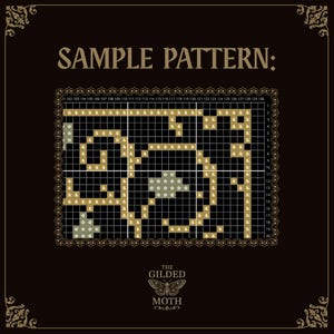May include: A cross-stitch sample pattern on a black background with the text SAMPLE PATTERN: at the top and THE GILDED MOTH with a moth illustration at the bottom. The grid features gold ampersand symbols and white star icons.