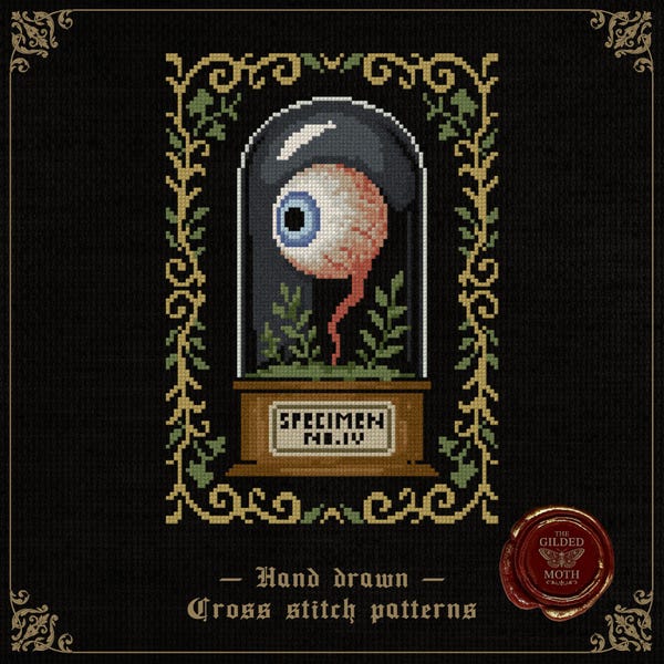 Eyeball Specimen | Gothic Curiosity Cabinet Cross Stitch Pattern | Dark Academia Embroidery PDF