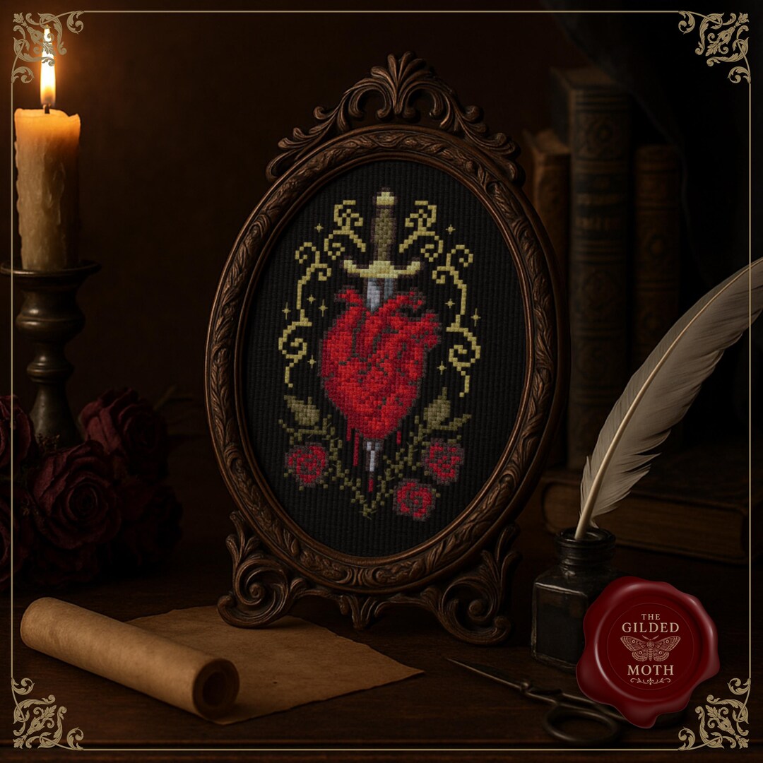 Gothic Heart Cross Stitch Pattern PDF | Dagger and Roses Design | Dark ...
