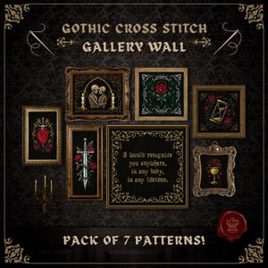 May include: A collection of seven framed gothic cross-stitch patterns displayed as a gallery wall. Designs include a heart, rose, hourglass, and text reading "I would recognise you anywhere." The frames are ornate, set against a dark backdrop.