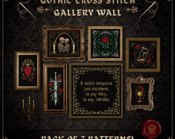 ゴシッククロスステッチギャラリーウォールパターンパック | ダークアカデミア刺繍バンドル | スケルトンローズソード砂時計引用PDFセットバンドル
