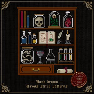 May include: A cross-stitch pattern of a wooden shelf filled with apothecary items. Jars with skulls, eyeballs, and hearts are displayed. Books, potions, and a scroll are also visible. The text reads "Hand drawn Cross stitch patterns."