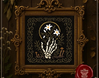 ゴシックスケルトンガーデンクロスステッチパターン • 中世の花柄メメントモリPDF • ユリと骨の刺繍 • ダークアカデミアブラックアイーダ装飾