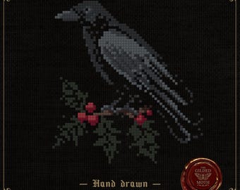 May include: Cross-stitch pattern of a crow perched on a branch with red berries and green leaves. The crow is gray and black, set against a black background. Text reads "Hand drawn Cross stitch patterns". A red seal is in the lower right corner.