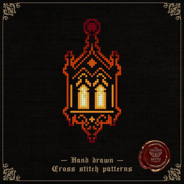 Linterna medieval / Patrón de punto de cruz de vidriera gótica / Bordado de antorcha de fantasía oscura en PDF