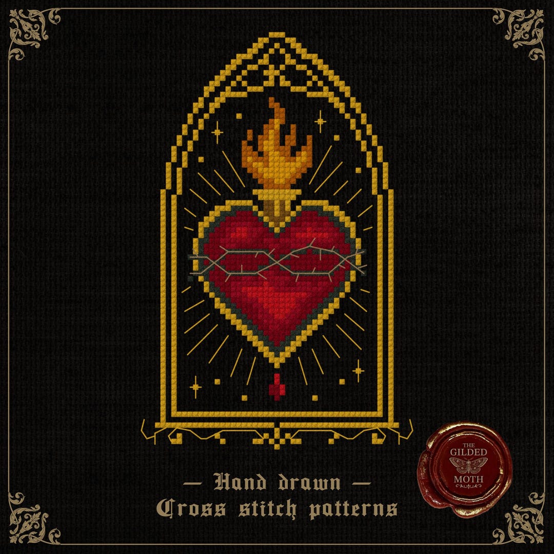 Fireheart | Gothic Sacred Heart Cross Stitch Pattern | Medieval Flaming ...