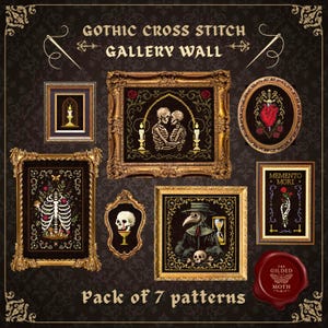 Gothic counted Cross Stitch Gallery Wall | Dark Academia Embroidery Bundle | Skeleton & Heart Designs | PDF Set printable stitch multipack