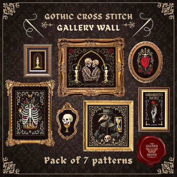 Gothic Kreuzstich Wandkunst | Dark Academia Stickdatei-Paket | Skelett & Herz Designs | PDF Set druckbare Stiche Multipack
